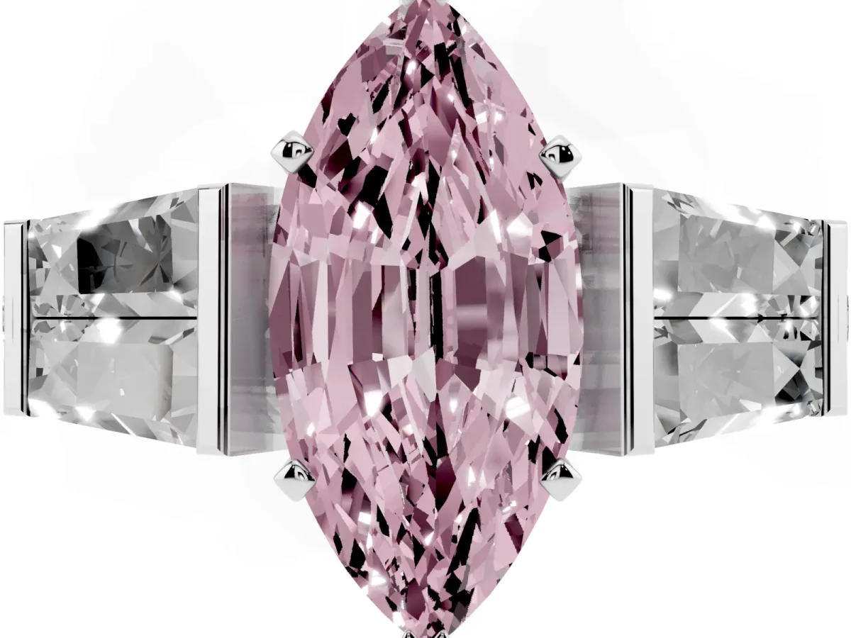 Fancy Pink Marquise Cut Diamond Engagement Ring with Baguette Side Stones and Channel Set Band Silver