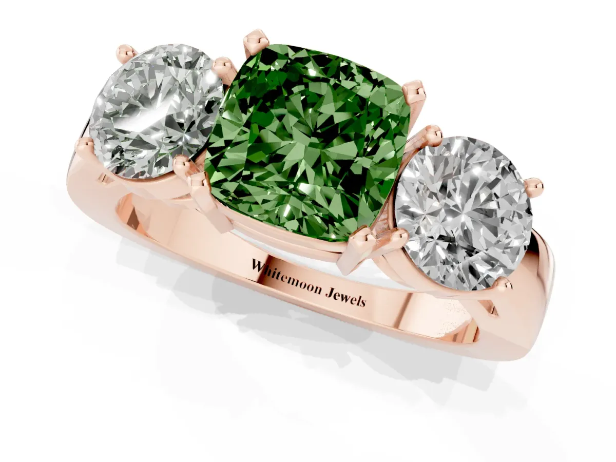 Fancy Green Three-Stone Cushion Cut Diamond Ring with Round Side Stones, Classic Band, and Four-Prong Setting Rose gold