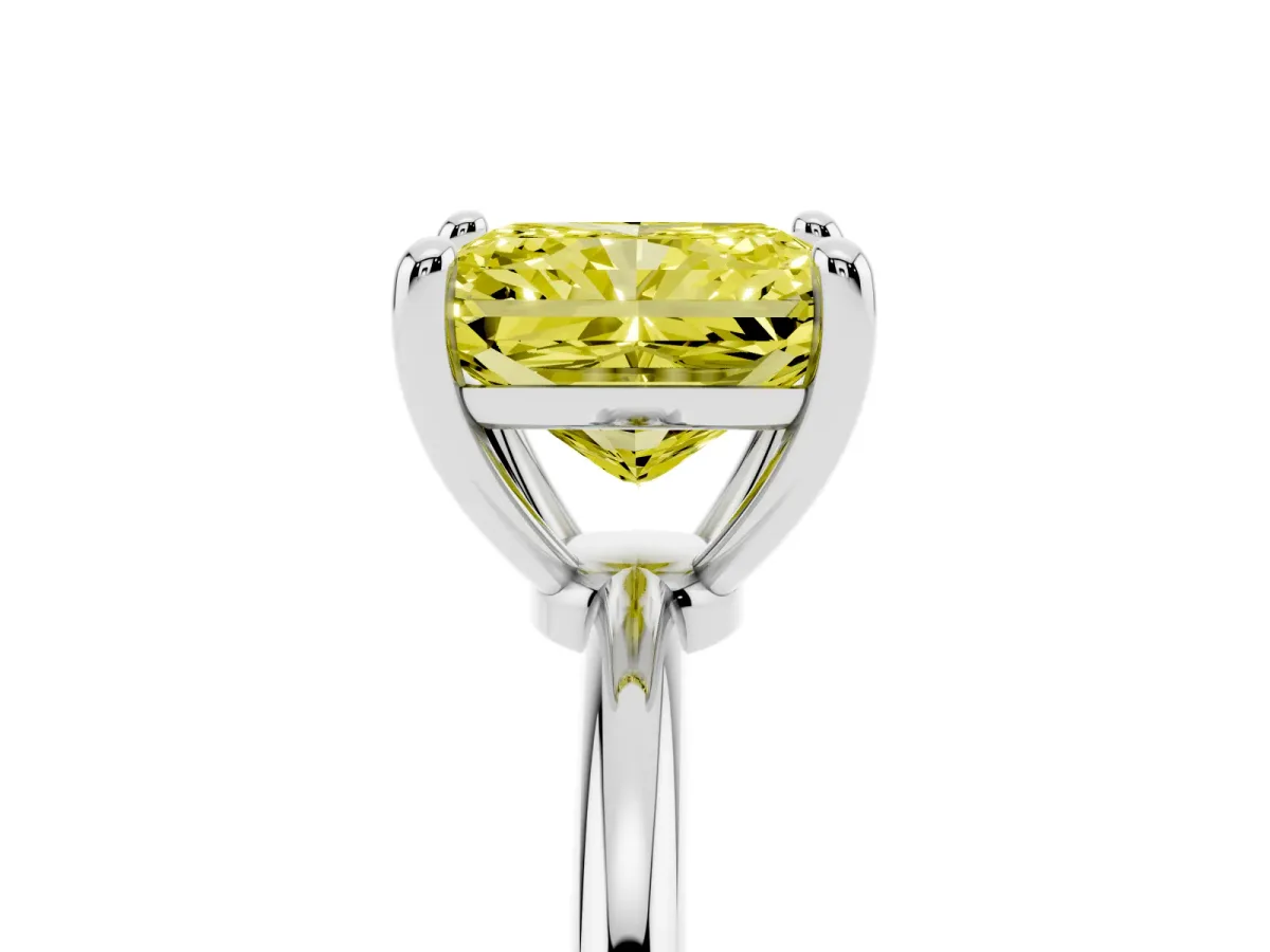 Fancy Yellow Radiant Cut Solitaire Diamond Ring with 4-Prong Setting on a Classic Band Platinum