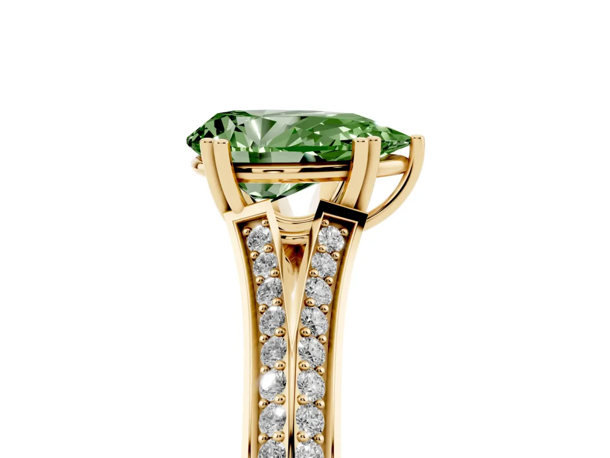 Fancy Green Pear Cut Diamond Split Shank Engagement Ring with Pavé Band Yellow gold