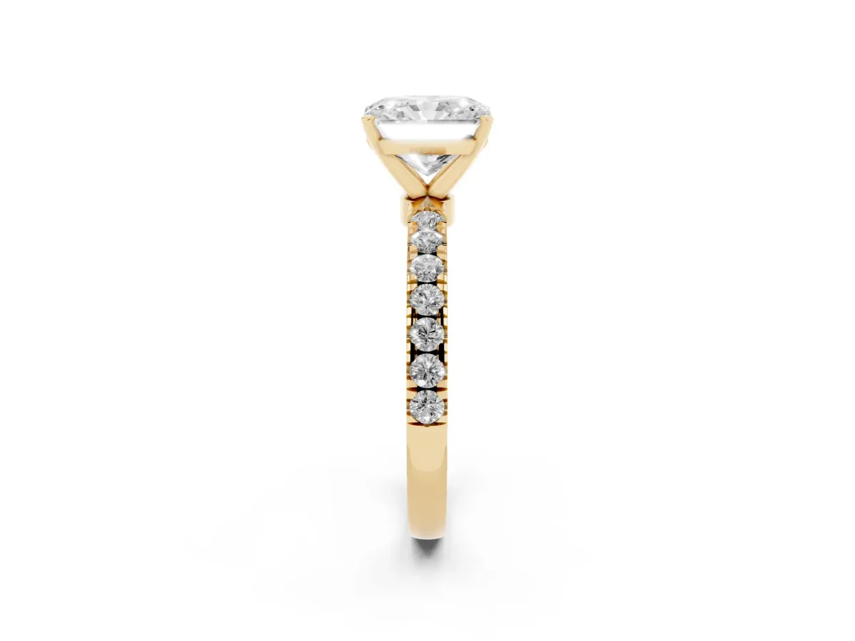Radiant Cut Diamond Solitaire Ring with Pavé Accents and Four-Prong Setting Yellow gold