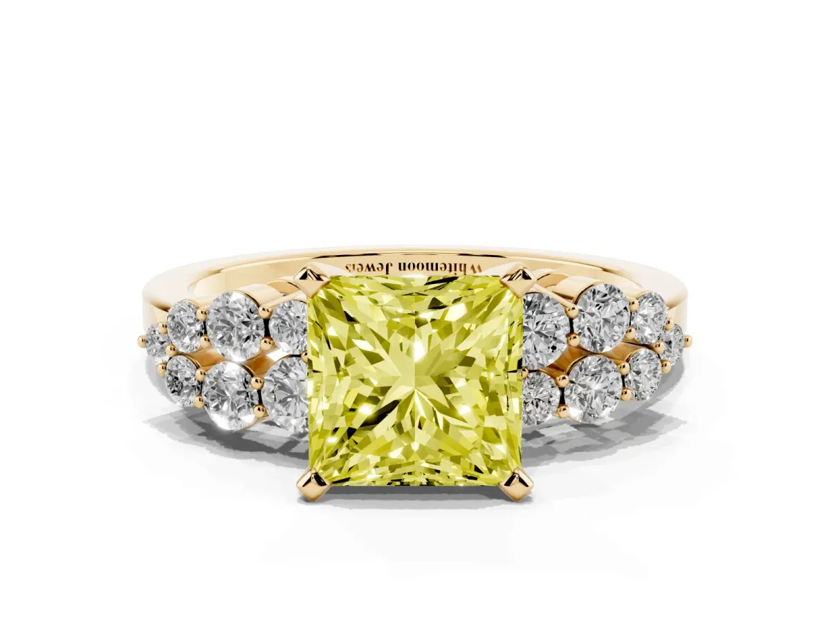 Fancy Yellow Princess Cut Cluster Diamond Engagement Ring with Pavé Band and Four-Prong Setting Yellow gold