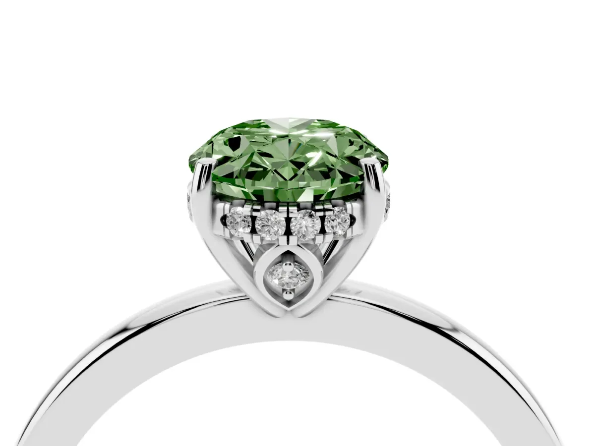 Fancy Green Oval Cut Solitaire Diamond Ring with Prong Setting and Plain Band Platinum