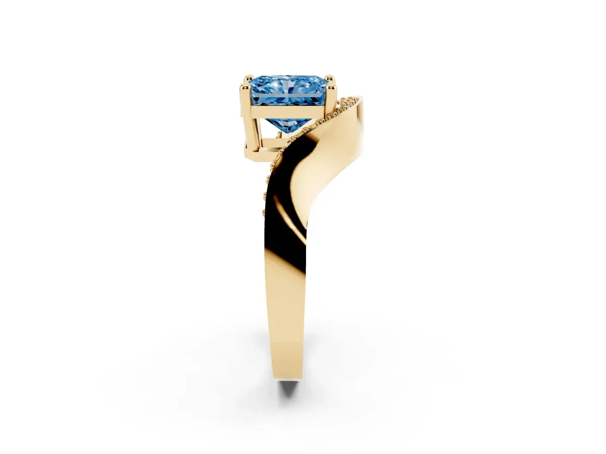 Fancy Blue Radiant Cut Solitaire Diamond Engagement Ring with Pave Band and Four-Prong Setting Yellow gold