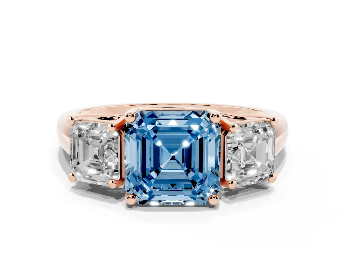 Fancy Blue Three-Stone Asscher Cut Diamond Engagement Ring with Prong Setting Rose gold