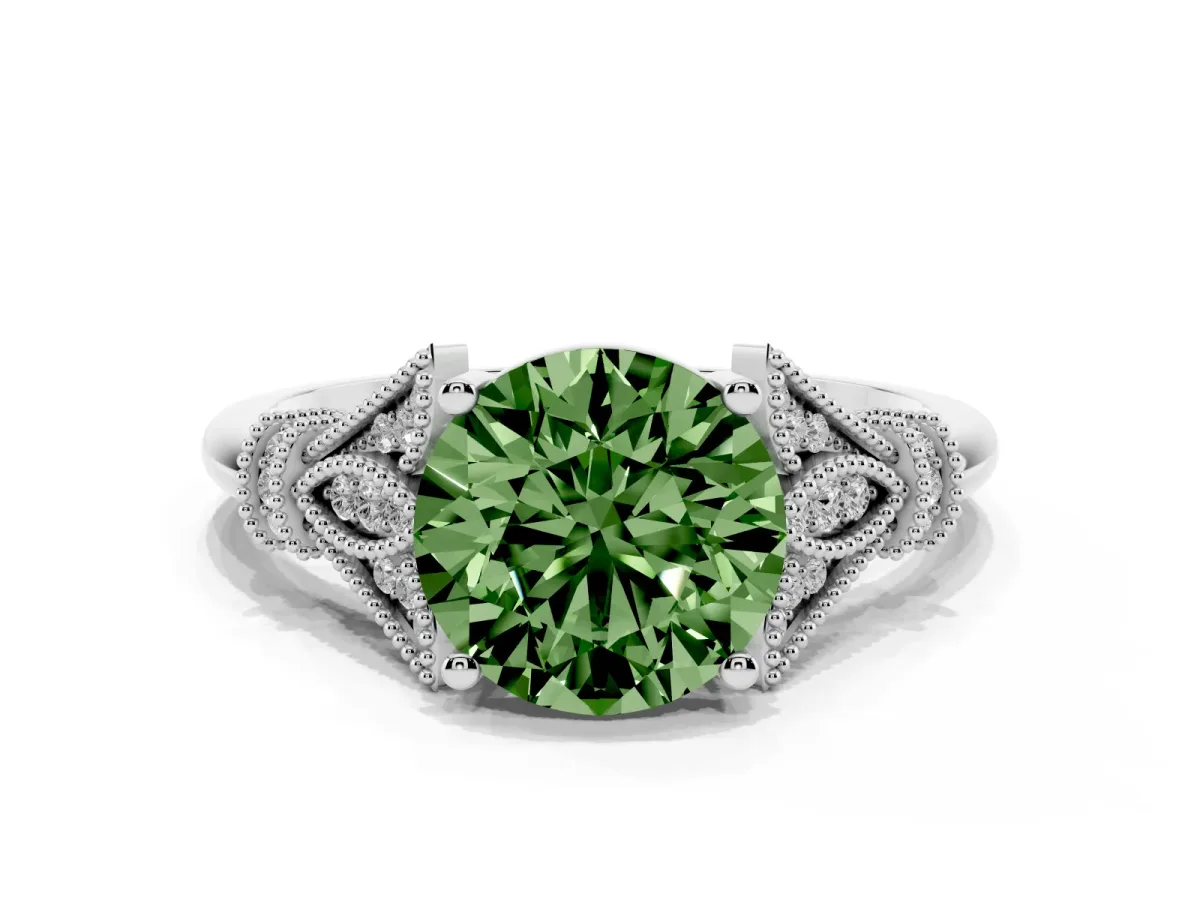 Fancy Green Round Cut Diamond Solitaire Ring with Floral Filigree and Pave Accents Platinum