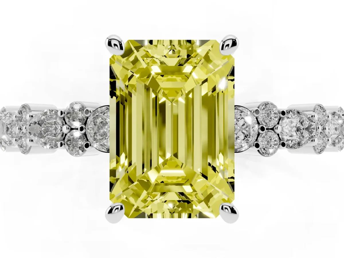 Fancy Yellow Emerald Cut Diamond Side Stone Solitaire Ring with Round and Four-Prong Setting Platinum