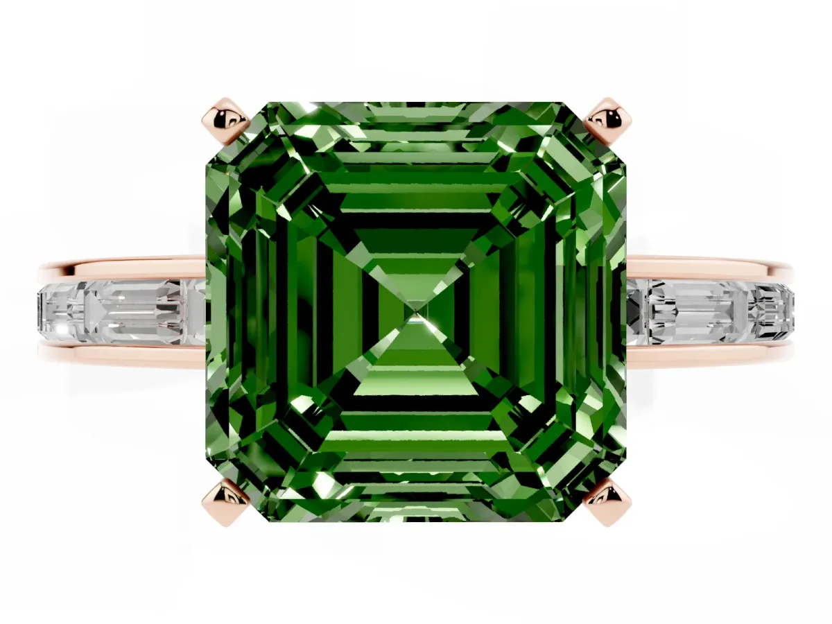Fancy Green Asscher Cut Solitaire Diamond Ring with Channel-Set Baguette Band and Four-Prong Setting Rose gold