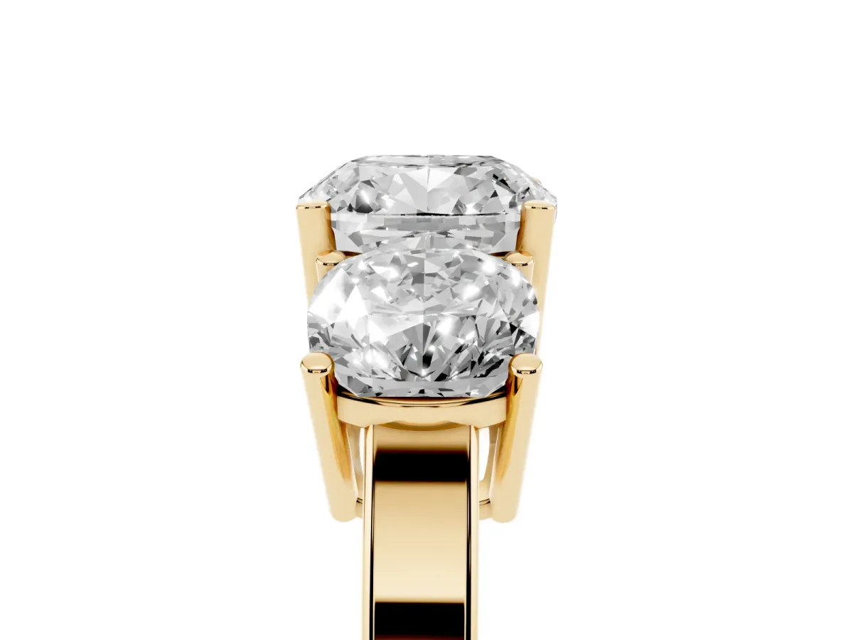 Three-Stone Cushion Cut Cut Diamond Engagement Ring with Flat Band and Four-Prong Setting Yellow gold