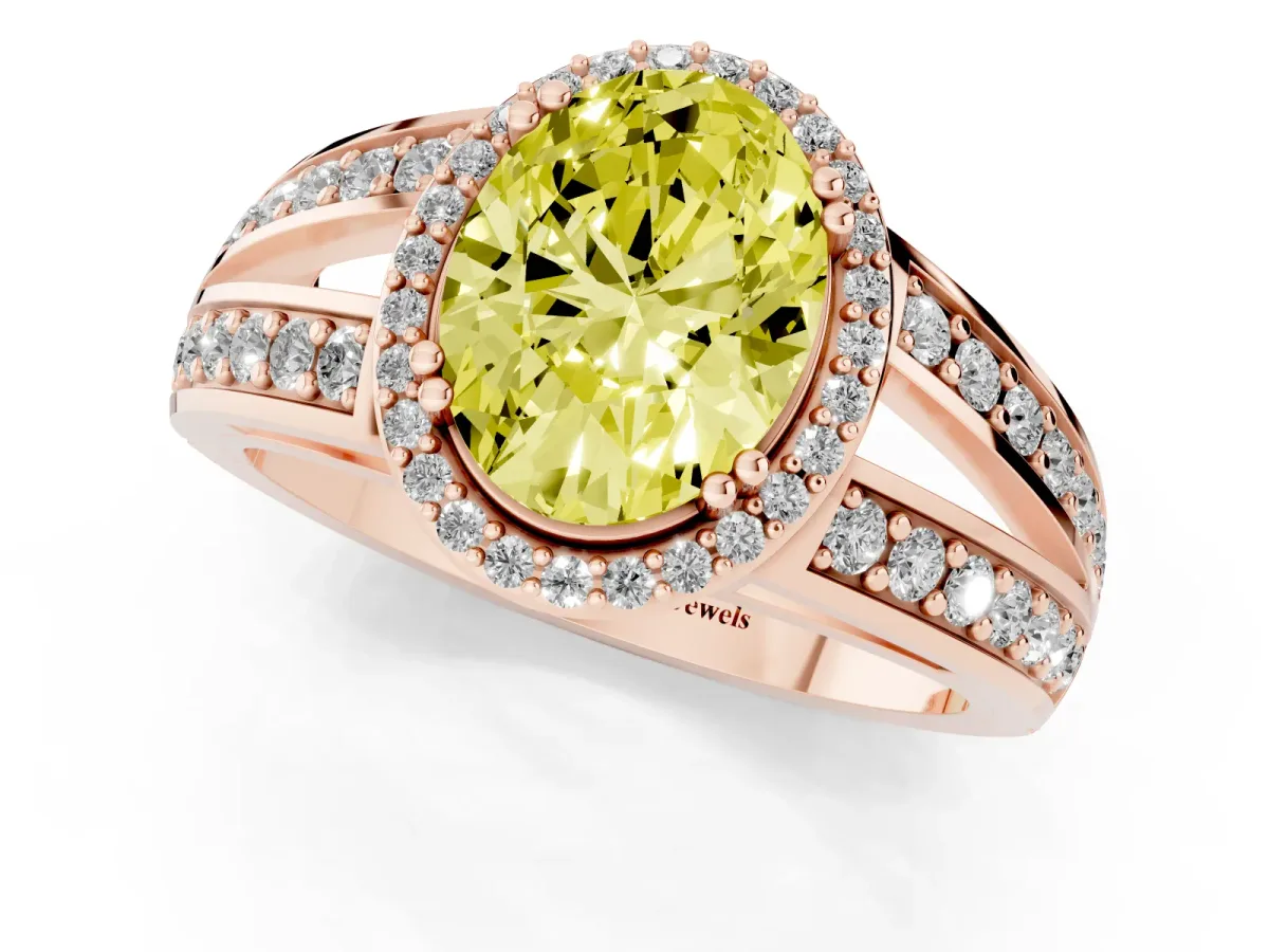 Fancy Yellow Oval Cut Diamond Halo Ring with Split Shank Pavé Band and Four-Prong Setting Rose gold