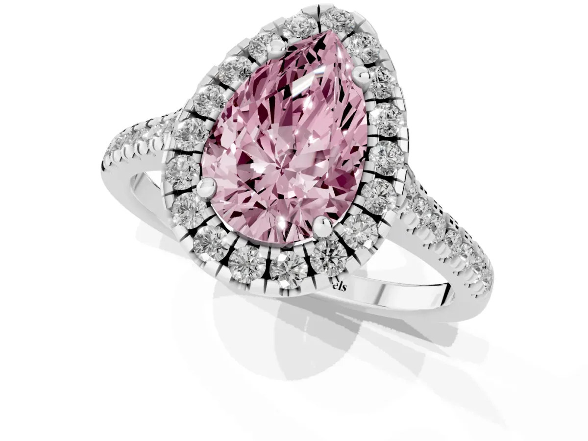 Fancy Pink Pear Cut Diamond Cushion Halo Ring with Pavé Band Platinum