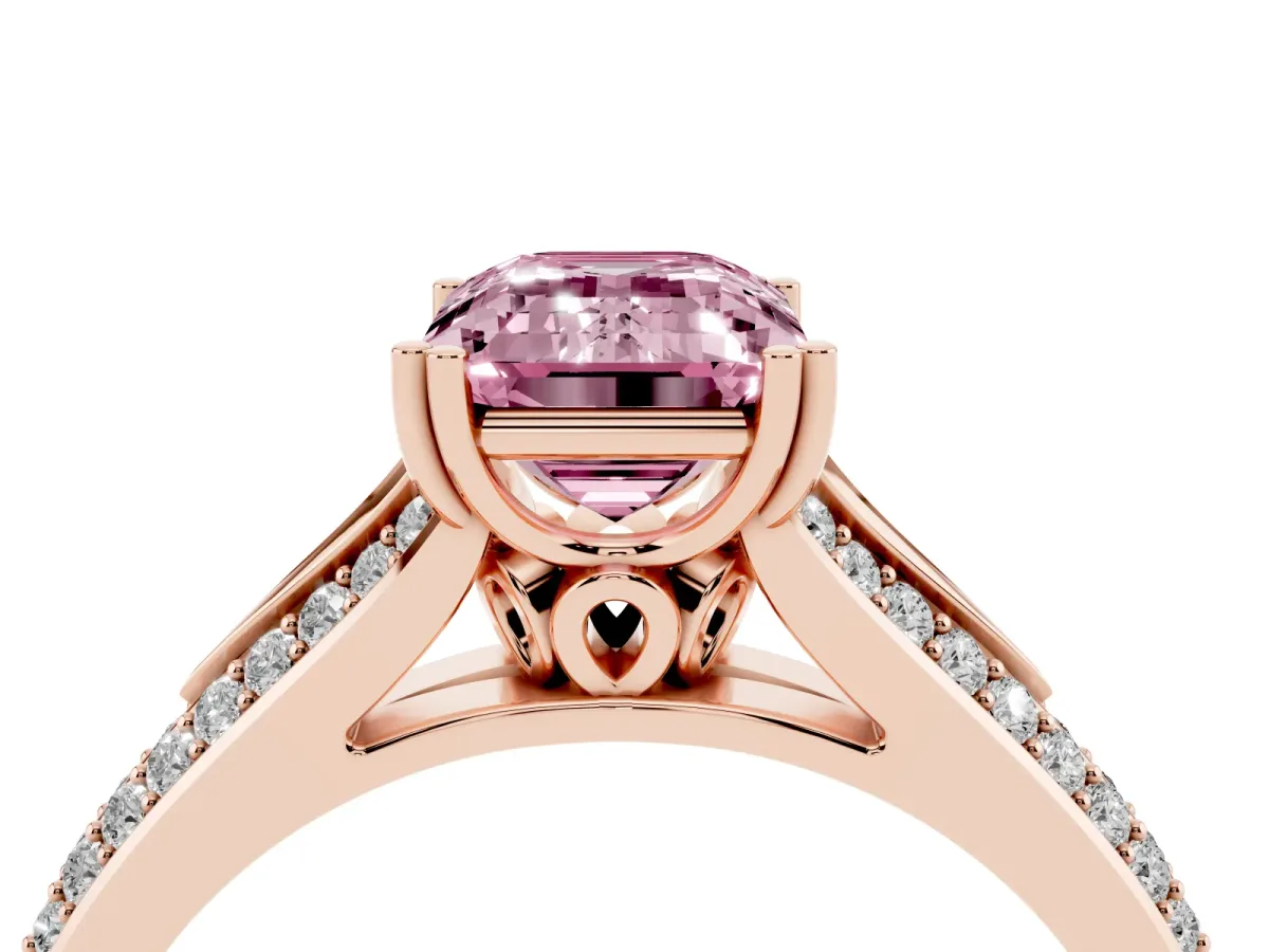 Fancy Pink Emerald Cut Diamond Split Shank Engagement Ring with Pavé Band Rose gold