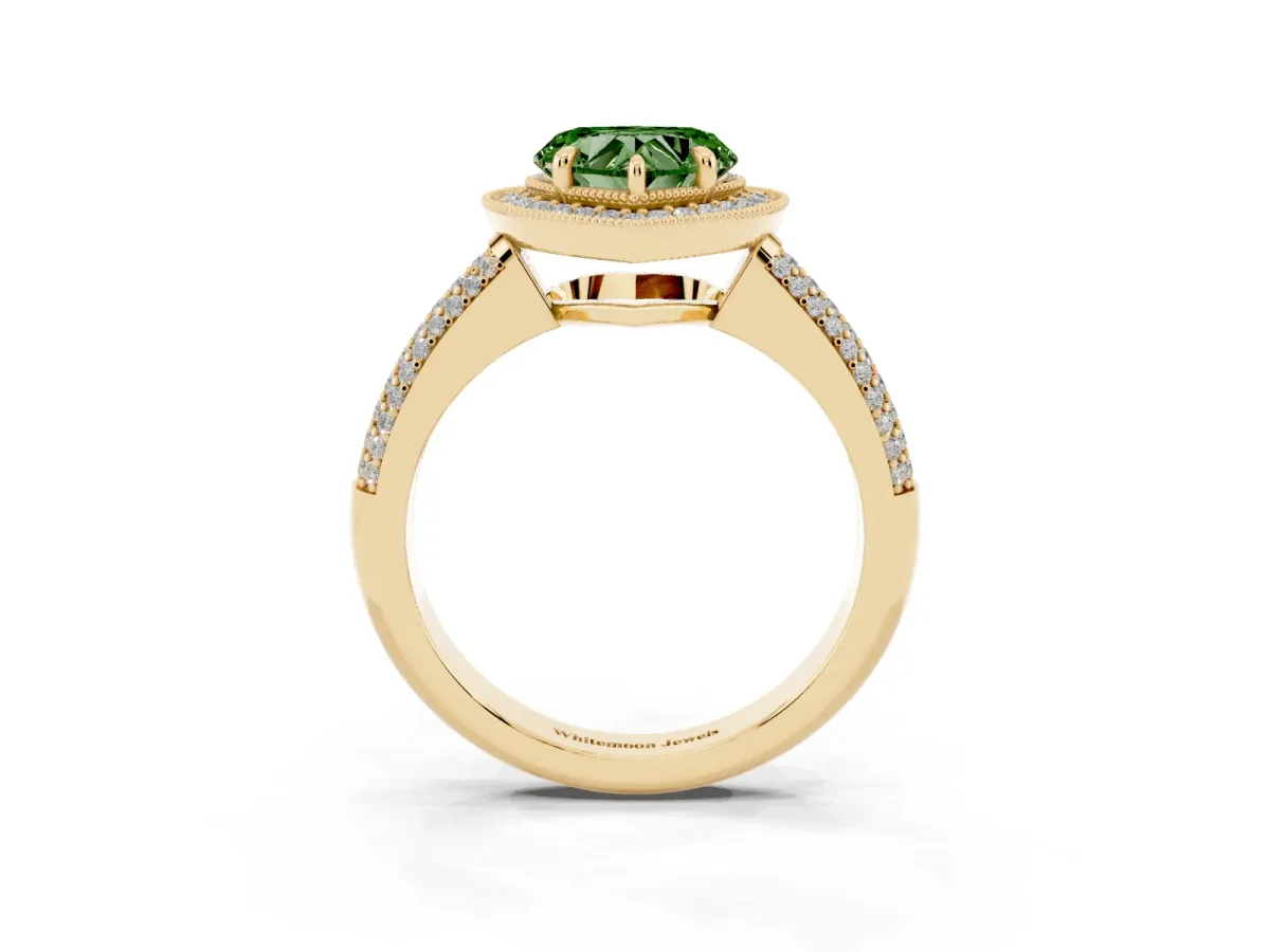 Fancy Green Heart Cut Cut Halo Diamond Pave Band with Four-Prong Setting Yellow gold