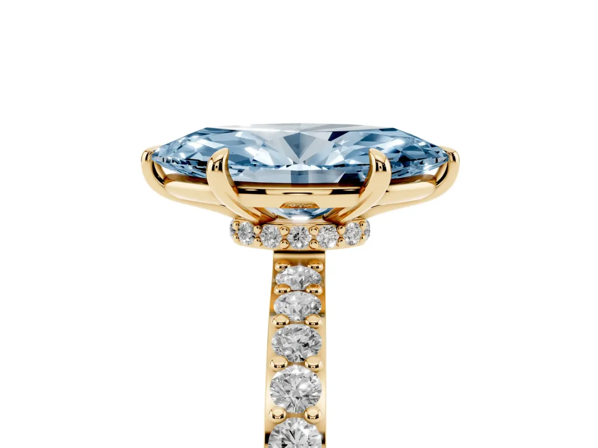 Fancy Blue Marquise Cut Diamond Pavé Engagement Ring with Round Accents and Prong Setting Yellow gold