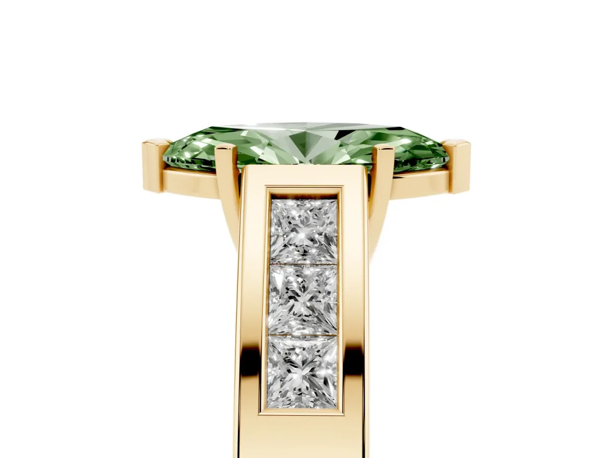 Fancy Green Marquise Cut Cut Channel Set Solitaire Ring with Four-Prong Setting Yellow gold