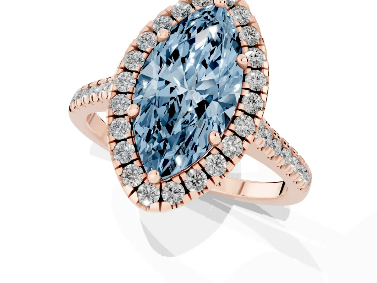 Fancy Blue Marquise Cut Diamond Cushion Halo Ring with Pavé Band Rose gold