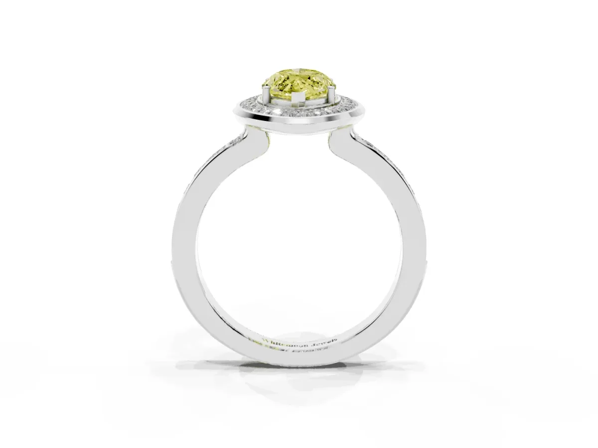 Fancy Yellow Marquise Cut Diamond Halo Ring with Bezel Frame and Pavé Band Platinum