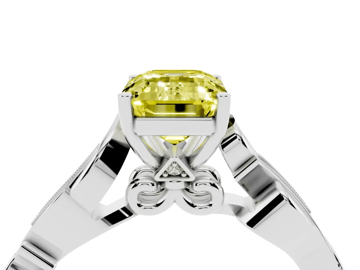 Fancy Yellow Emerald Cut Solitaire Vine Band with Milgrain Prong Setting White gold