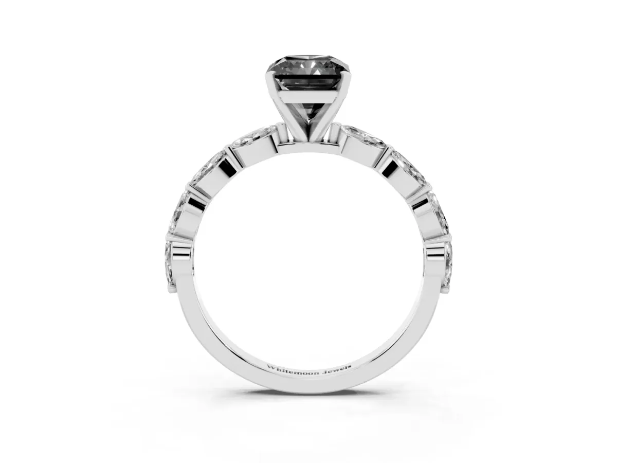 Fancy Black Radiant Cut Diamond Ring with Marquise Side Stones and Prong Setting Platinum