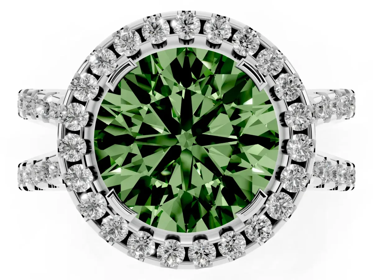 Fancy Green Round Cut Diamond Halo Ring with Split Shank Pavé Band and Prong Setting Silver