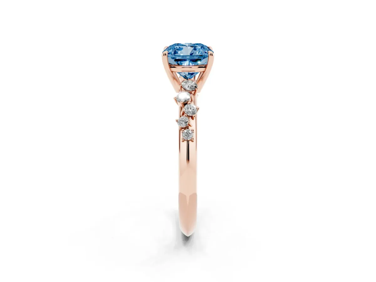 Fancy Blue Cushion Cut Diamond Cluster Side Stone Solitaire Ring with Prong Setting Rose gold