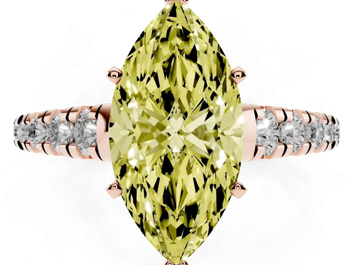 Fancy Yellow Marquise Cut Diamond Cathedral Solitaire Ring with Round Pavé Band Rose gold