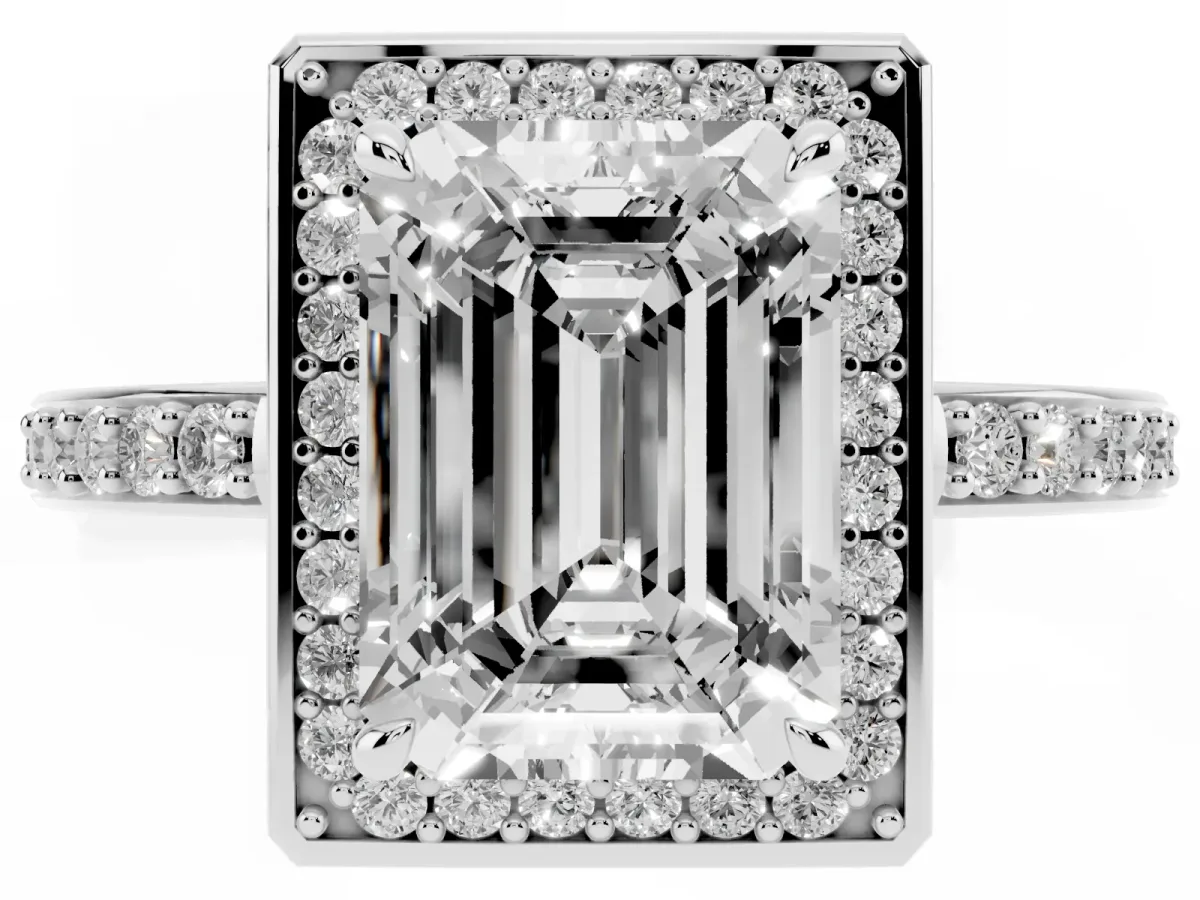 Emerald Cut Halo Pave Band Solitaire Ring with Prong Setting Silver
