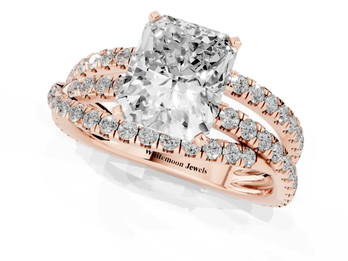 Radiant Cut Solitaire Twist Band with Pavé Setting and Four-Prong Setting Rose gold