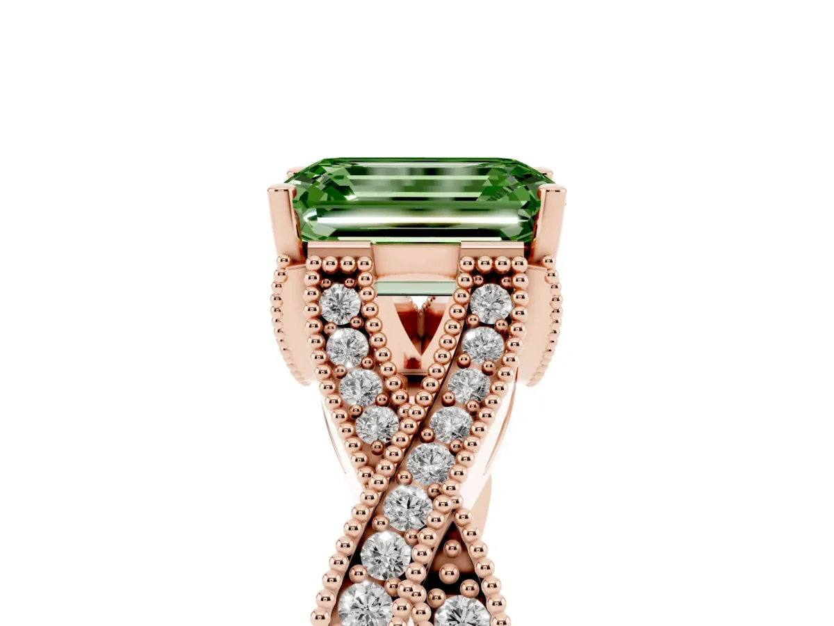 Fancy Green Emerald Cut Cut Diamond Twisted Band with Milgrain Pave Setting and Four-Prong Setting Rose gold