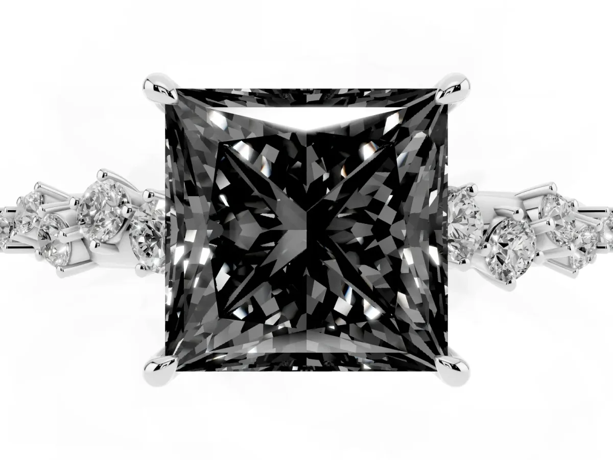 Fancy Black Princess Cut Diamond Cluster Side Stone Solitaire Ring with Prong Setting Silver