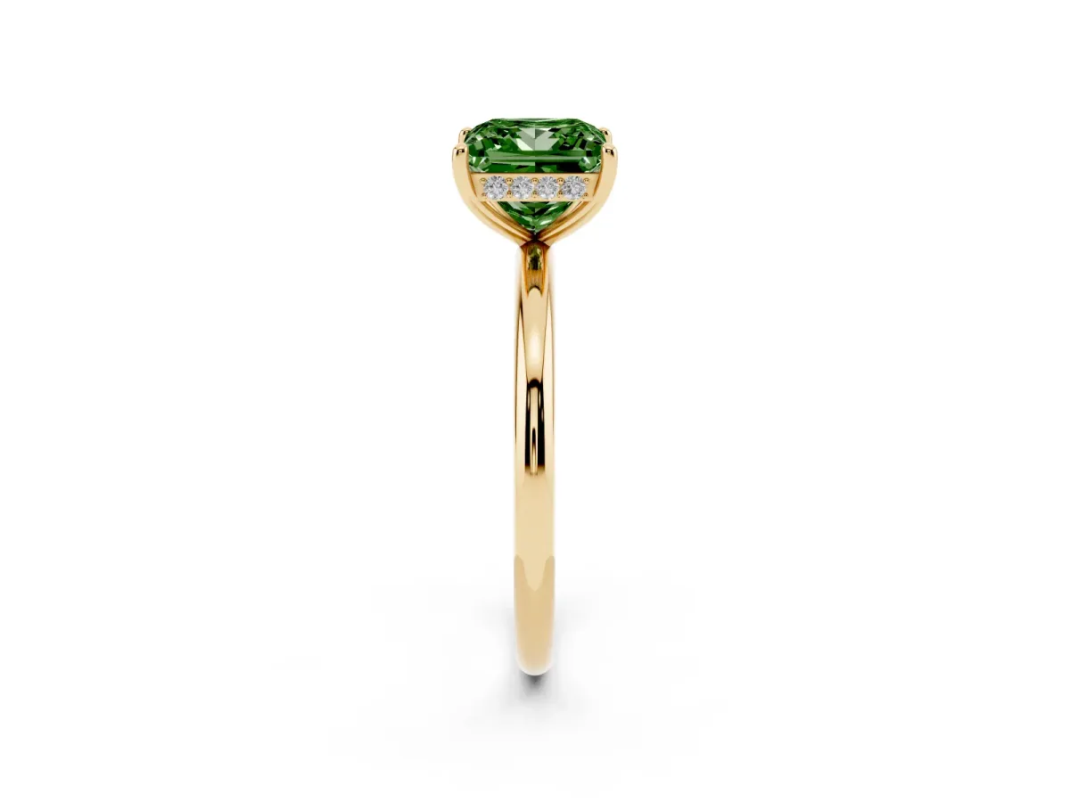 Fancy Green Princess Cut Solitaire Diamond Ring with a Classic Band and Four-Prong Setting Yellow gold