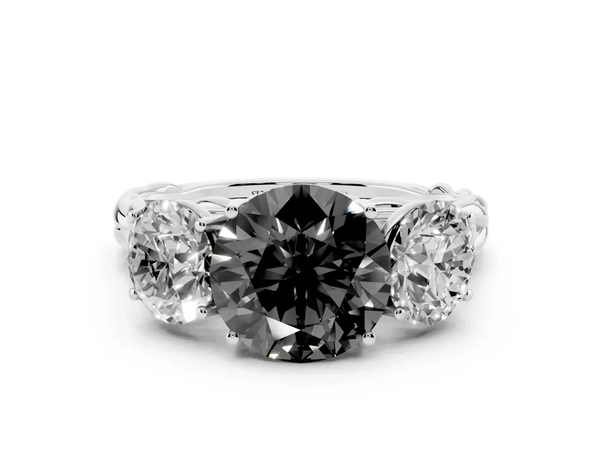 Fancy Black Three-Stone Round Cut Diamond Braided Band Ring with Four-Prong Setting Platinum