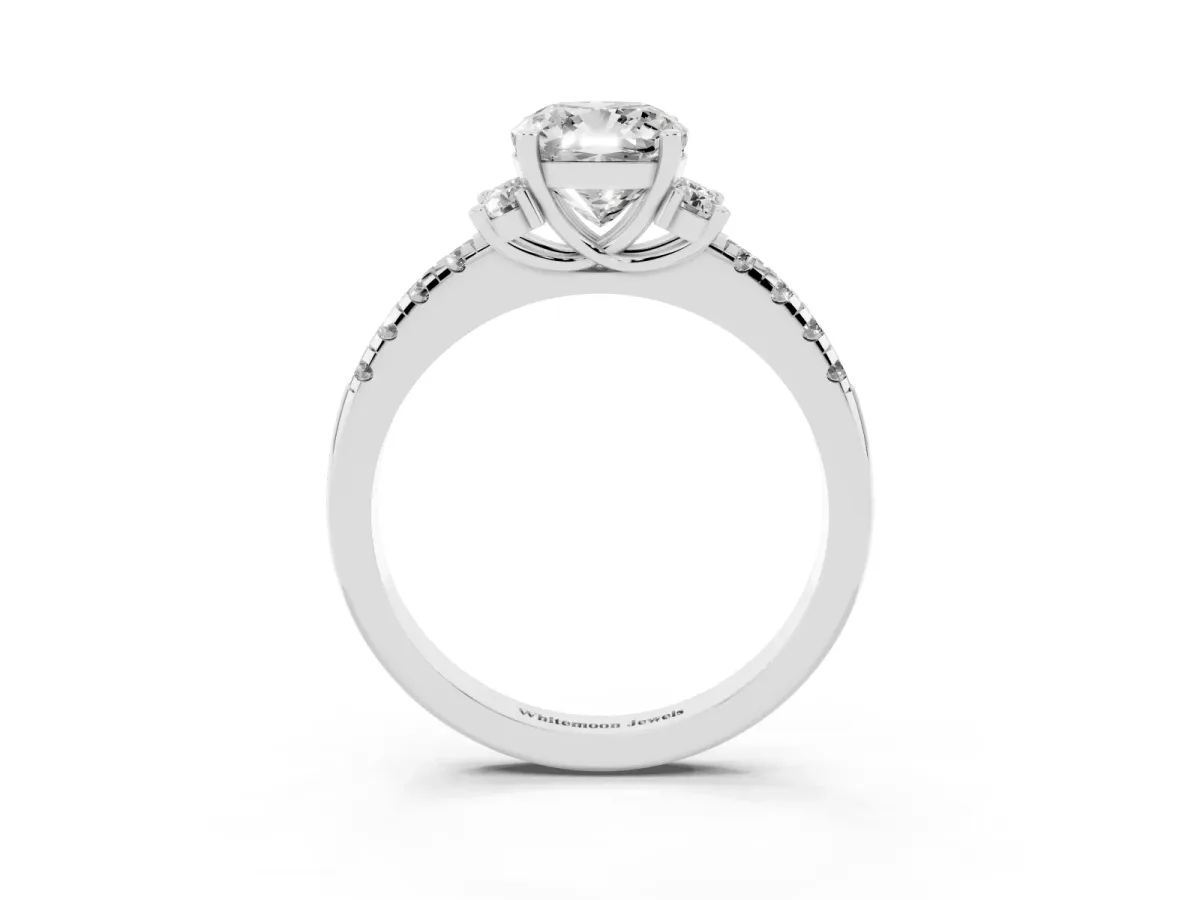 Cushion Cut Diamond Three-Stone Pave Band with Four-Prong Setting Silver