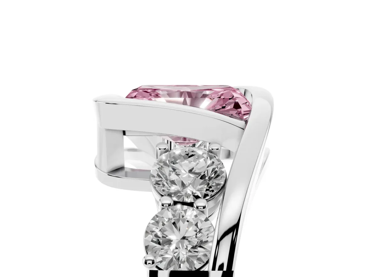 Fancy Pink Bezel Set Radiant Cut Diamond Bypass Ring with Round Accents Silver