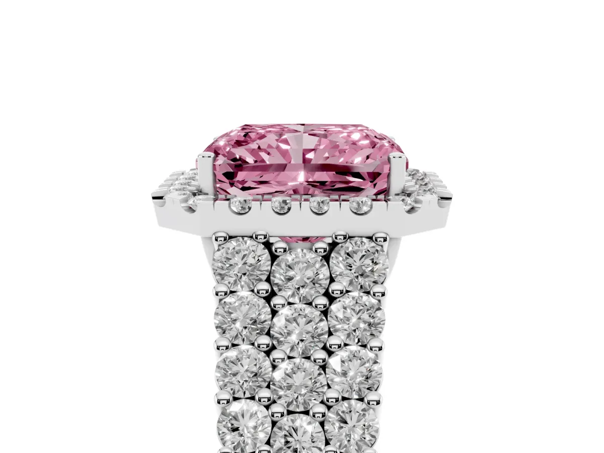 Fancy Pink Radiant Cut Diamond Halo Engagement Ring with Triple Row Round Pavé Band and Prong Setting Silver