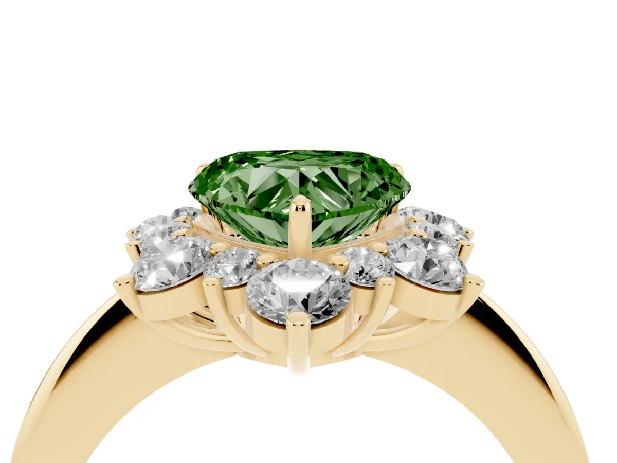 Fancy Green Heart Cut Diamond Cluster Halo Ring with Solitaire Band and Four-Prong Setting Yellow gold