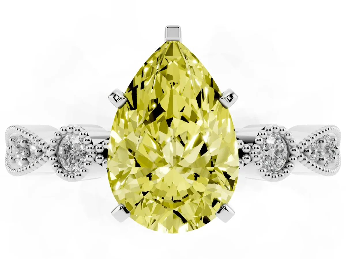 Fancy Yellow Pear Cut Milgrain Bezel Diamond Engagement Ring with Solitaire Prong Setting Platinum