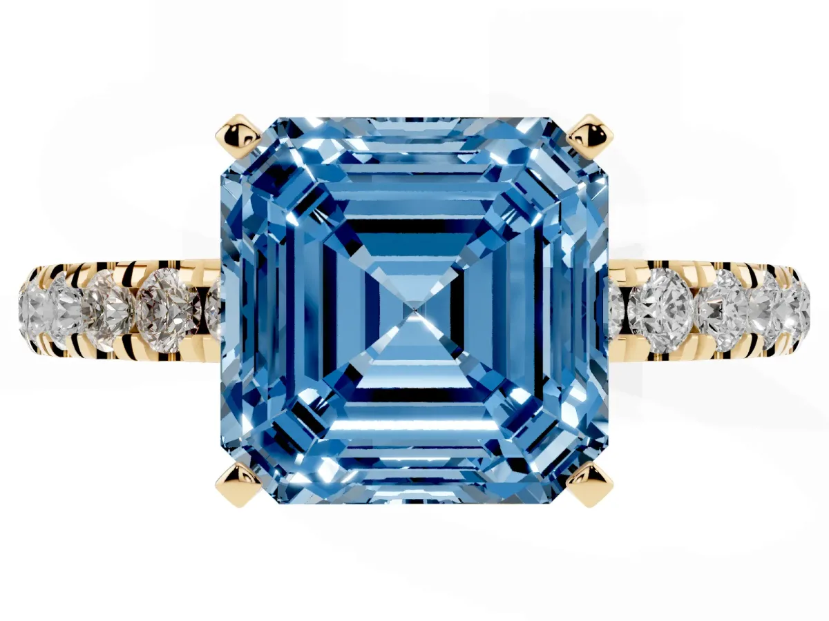 Fancy Blue Asscher Cut Diamond Solitaire Ring with Pavé Accents and Four-Prong Setting Yellow gold