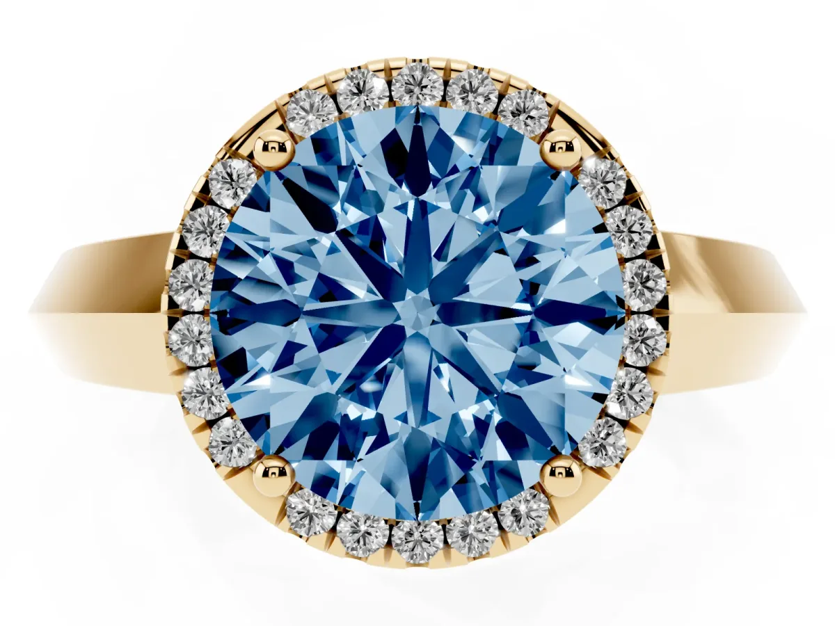 Fancy Blue Round Cut Halo Diamond Ring with Cathedral Band and Four-Prong Setting Yellow gold