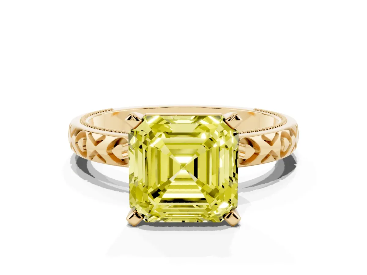 Fancy Yellow Asscher Cut Solitaire Diamond Engagement Ring with XO Engraved Band and Four-Prong Setting Yellow gold