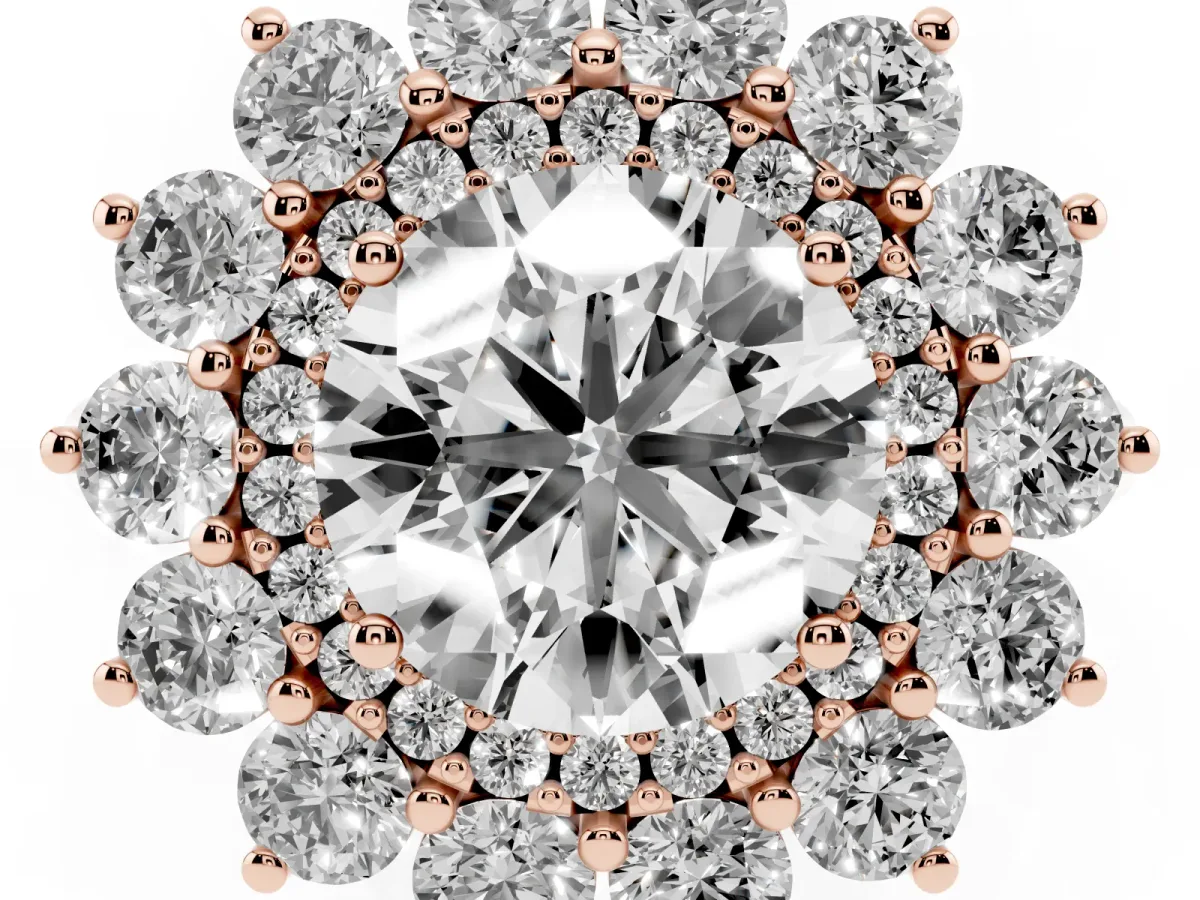 Round Cut Diamond Floral Double Halo Engagement Ring with Prong Setting Rose gold