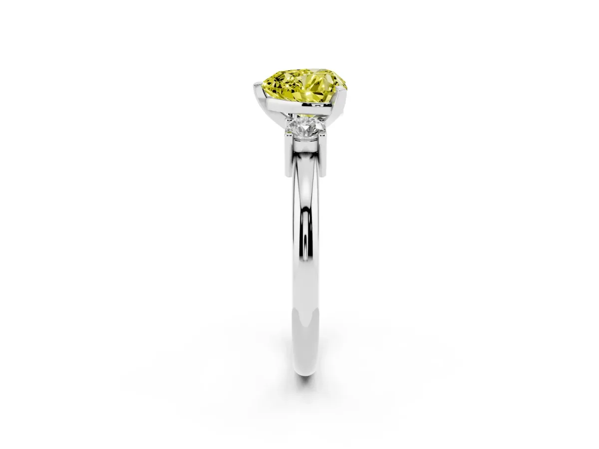 Fancy Yellow Three-Stone Heart Cut Cut Diamond Solitaire with Prong Setting and Classic Band Silver