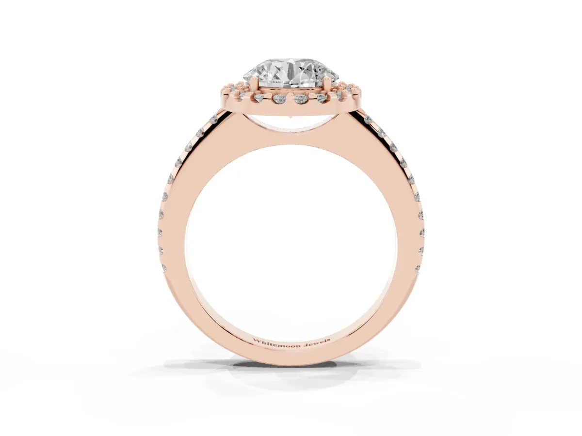 Round Cut Diamond Pavé Halo Ring with Four-Prong Setting Rose gold