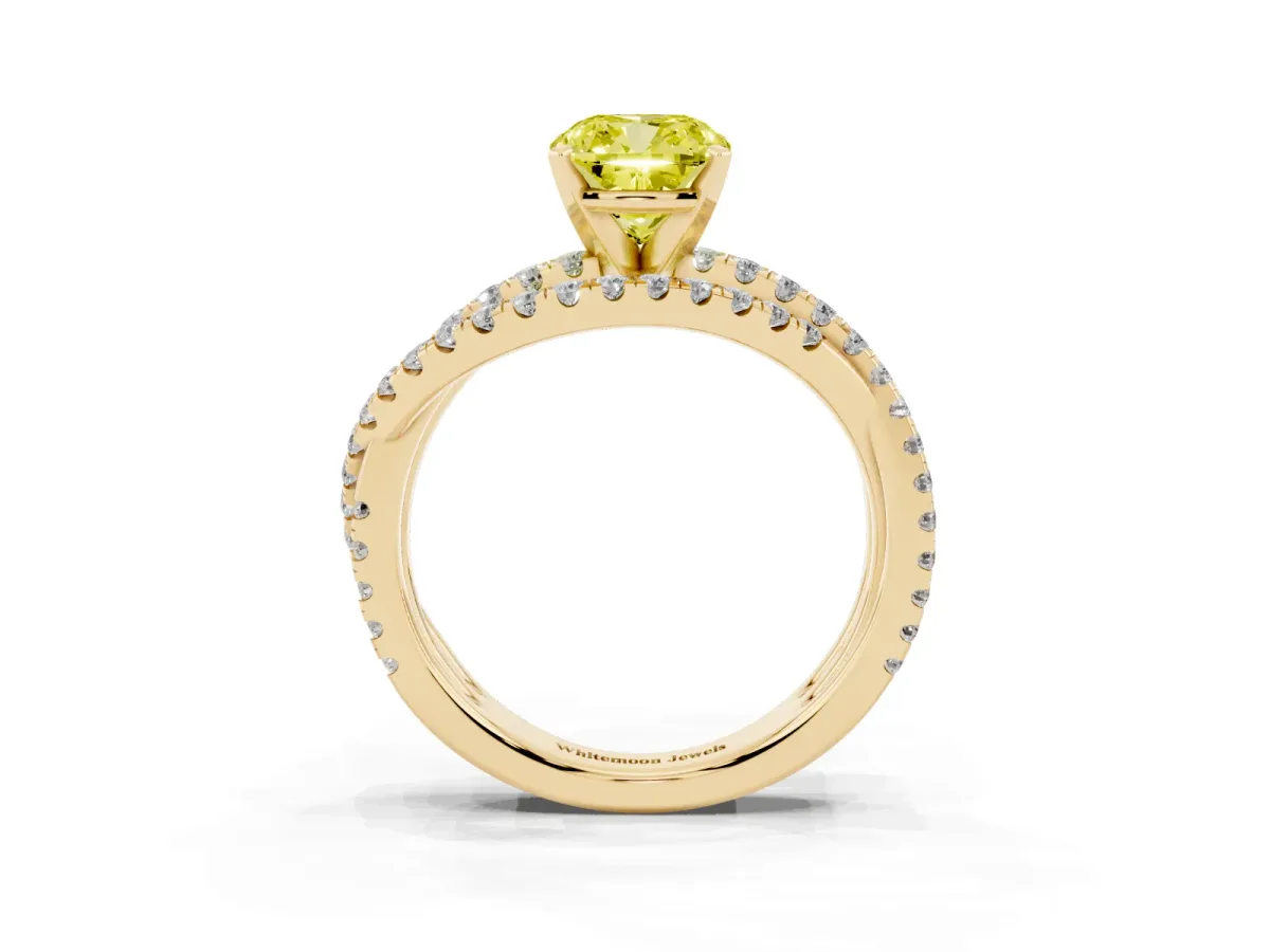 Fancy Yellow Cushion Cut Solitaire Twist Band with Pavé Setting and Four-Prong Setting Yellow gold