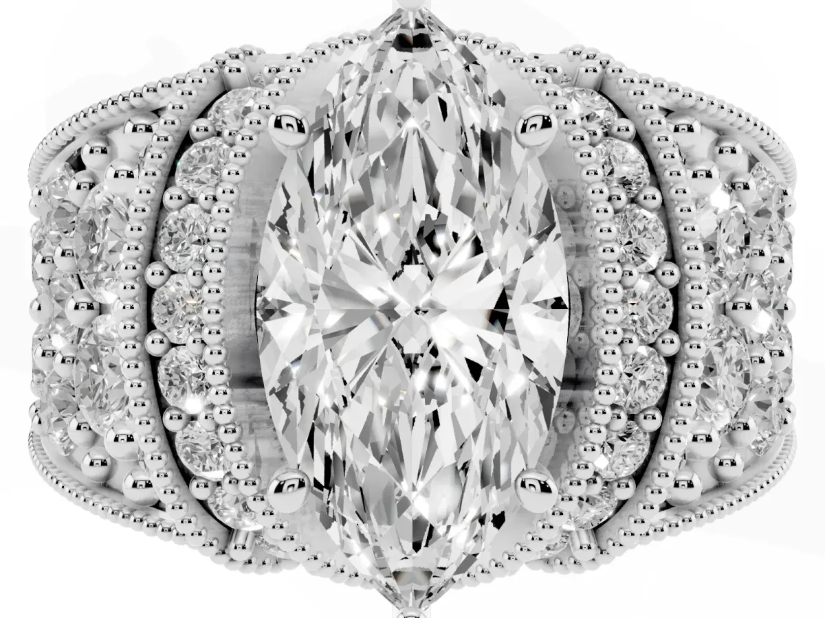 Marquise Cut Halo Pave Diamond Engagement Ring with Milgrain Detailing White gold