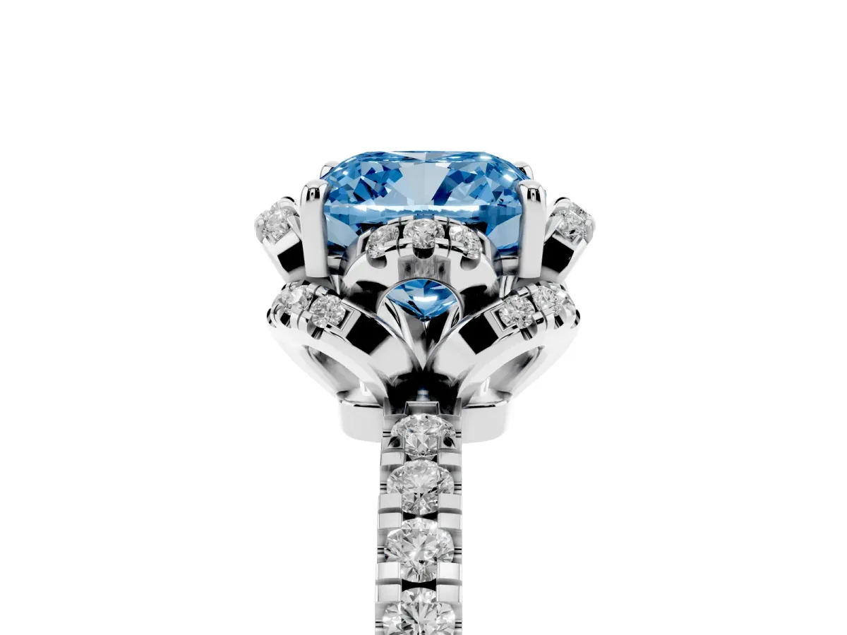 Fancy Blue Cushion Cut Halo Diamond Pave Band Ring with Four-Prong Setting Silver