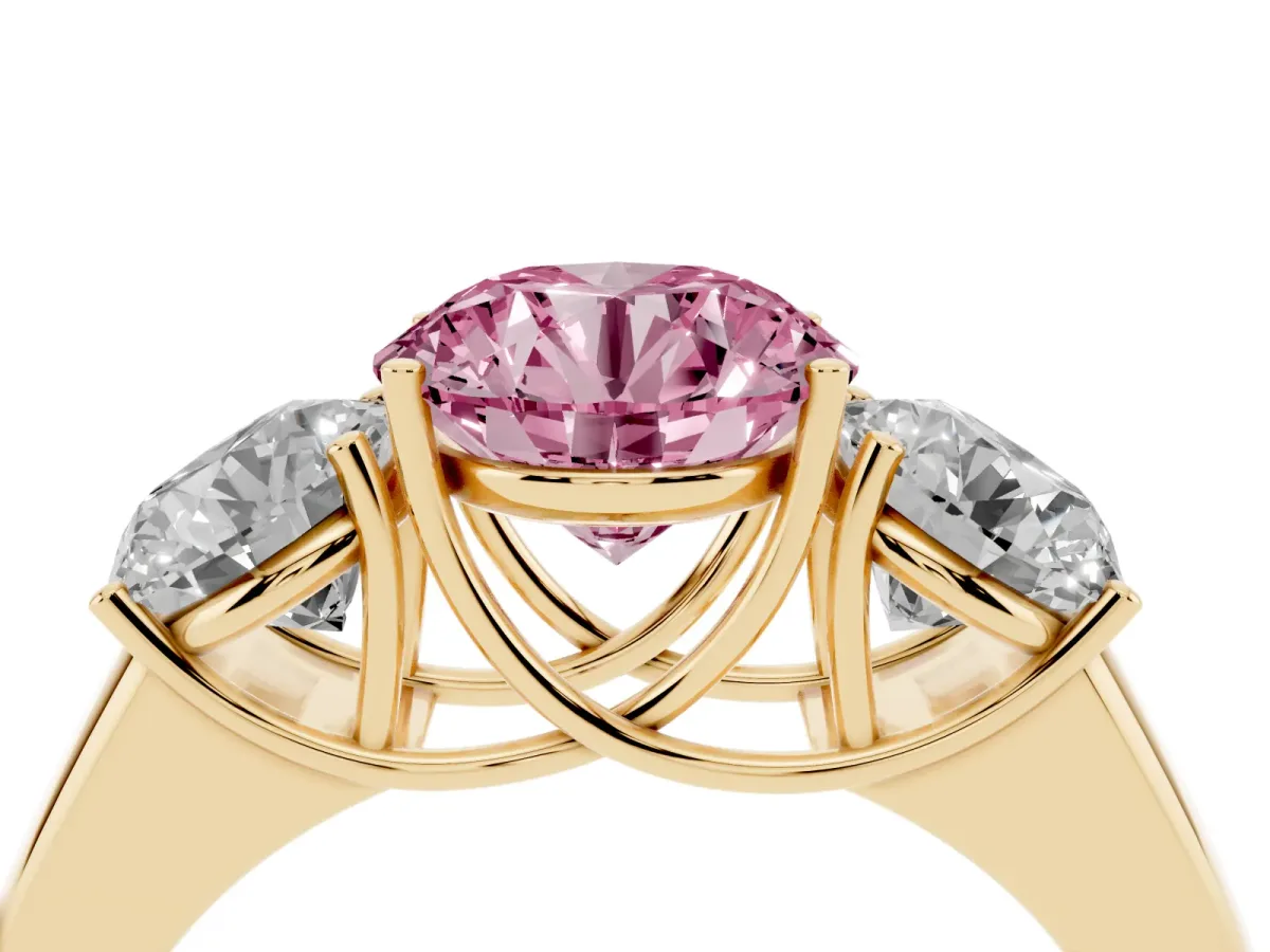 Fancy Pink Three-Stone Round Cut Cut Diamond Ring with Prong Setting and Classic Band Yellow gold