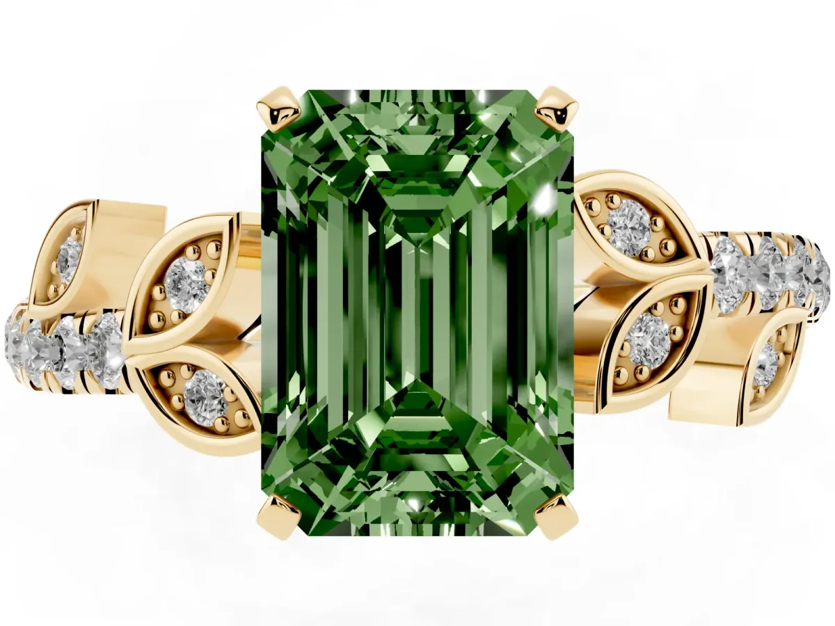 Fancy Green Emerald Cut Solitaire Leaf-Inspired Diamond Ring with Pavé Band and Four-Prong Setting Yellow gold