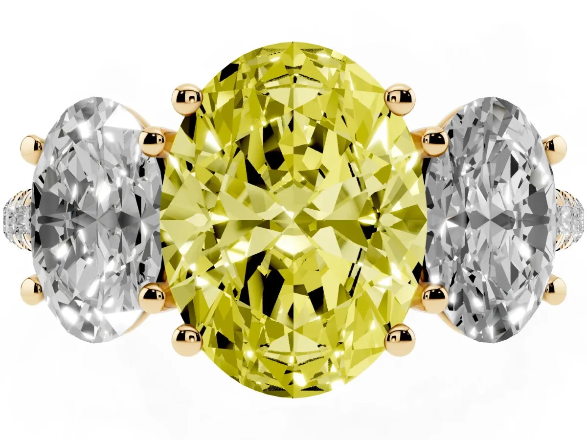Fancy Yellow Three-Stone Oval Cut Diamond Ring with Round Pavé Band and Prong Setting Yellow gold