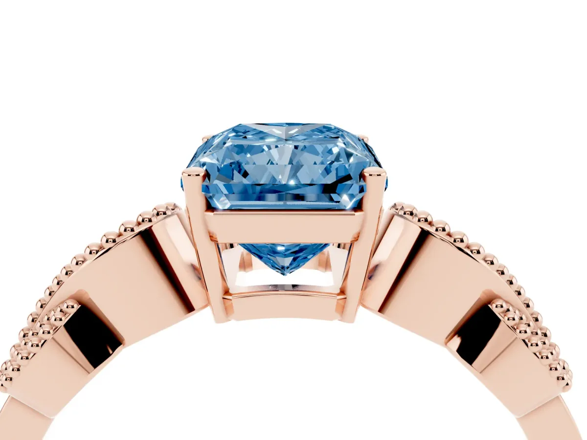 Fancy Blue Princess Cut Solitaire Milgrain Leaf Band with Prong Setting Rose gold